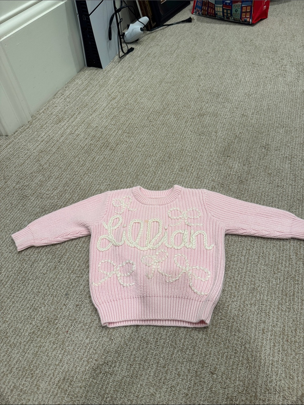 “LILLIAN” (small stain) Pink Knit Sweater with Script Embroidery
